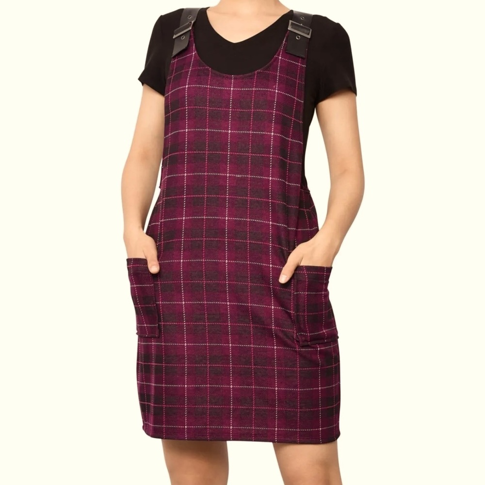 PLANET GOLD Faux Leather Strap Plaid Dress, Size: Juniors XL